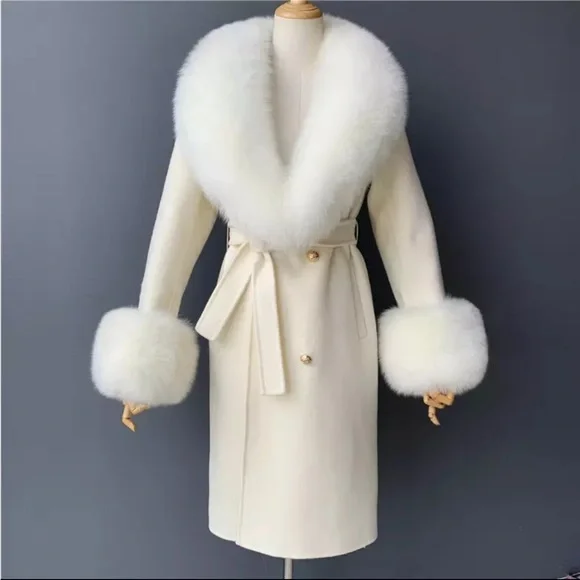 🎉New Luxe High Quality Wool Blend Natural Fox Fur Collar Cashmere Coat